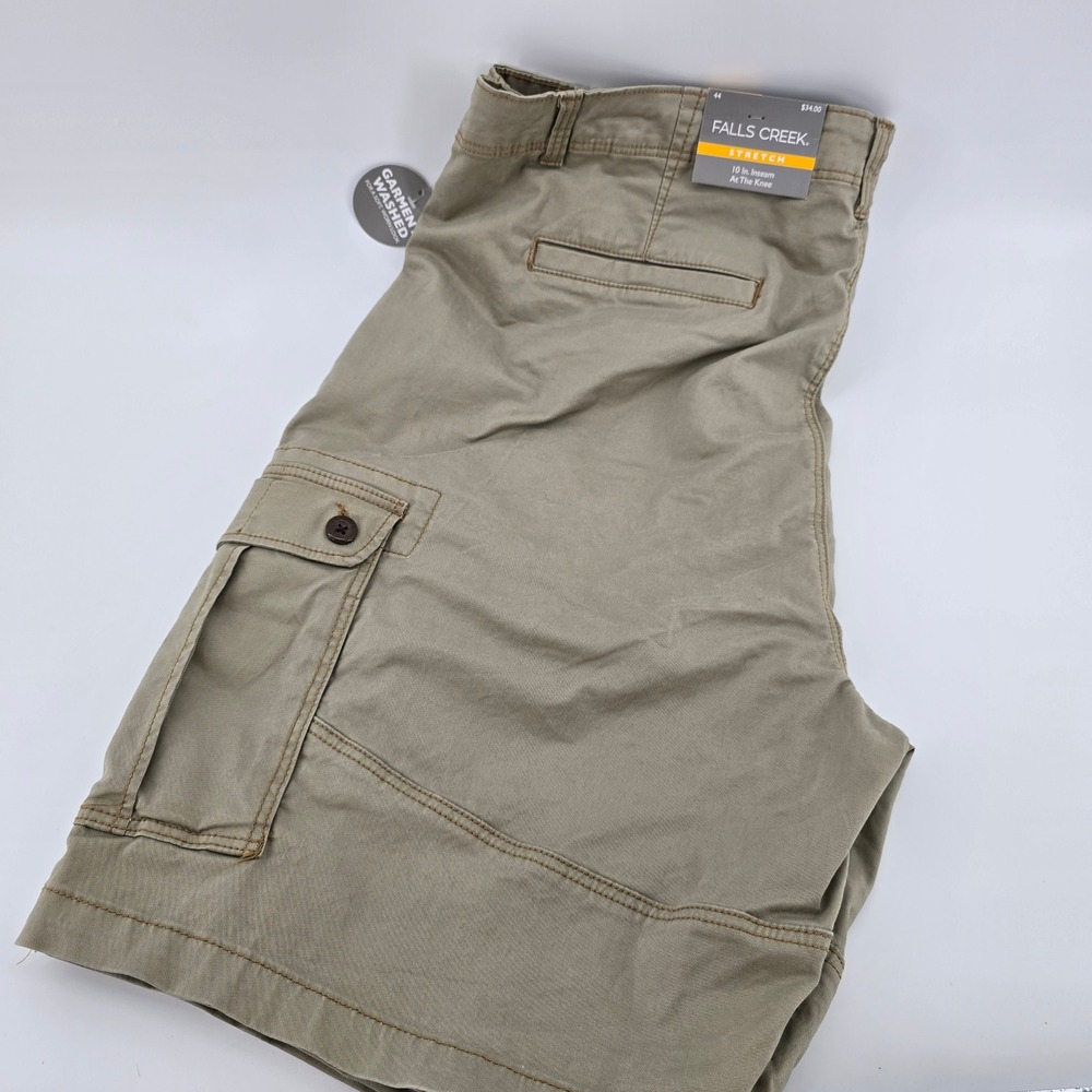 Falls Creek Cargo Shorts Mens Stretch Garment Washed Khaki Tan 44 MSRP $34 NWT